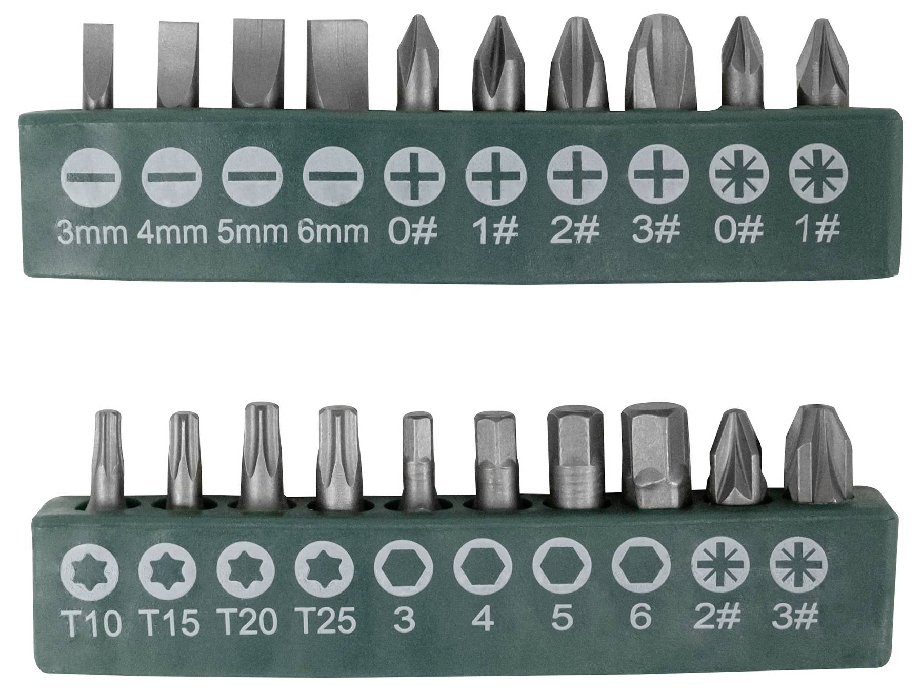 'Deux rangées d'embouts de tournevis de différentes tailles et formes, numérotés de 0# à 3# et marqués de T10 à T25.'