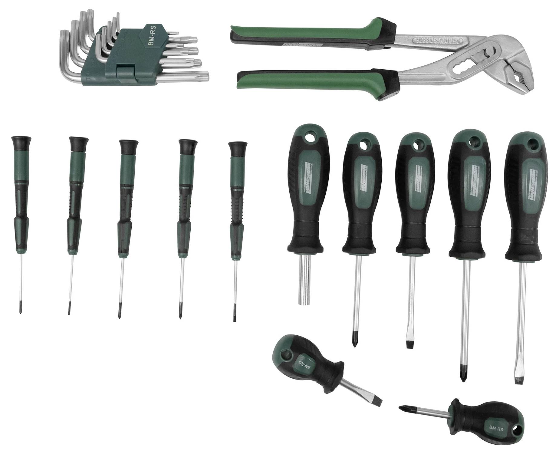 Un ensemble d'outils à main, comprenant des clés Allen, différents tournevis et une pince-étau de plombier.