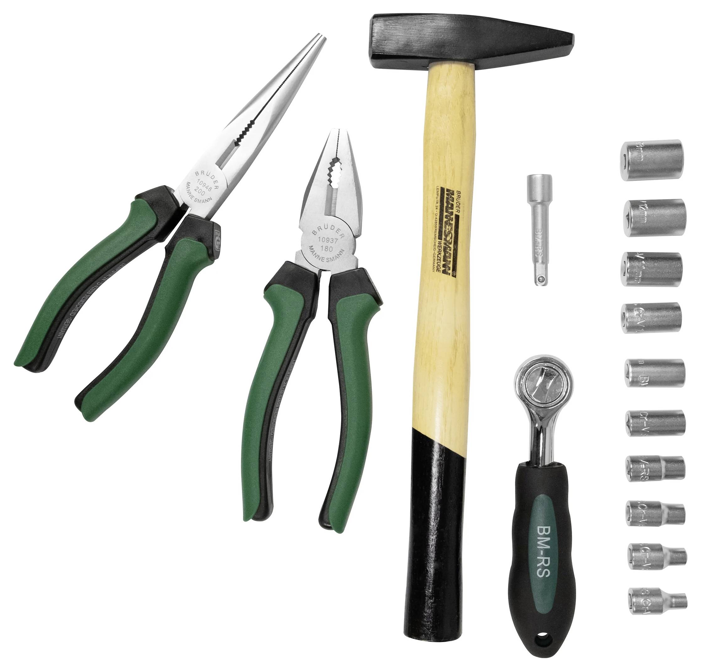 'Ensemble d'outils comprenant une pince, un marteau, des clés à douille et une clé à cliquet. Idéal pour les réparations générales et les travaux de bricolage.'