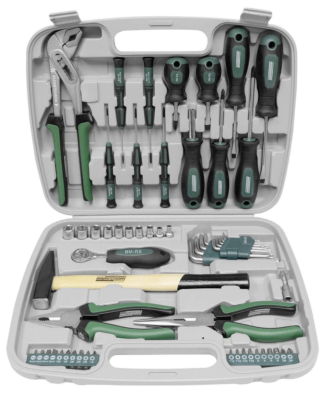 'Boîte à outils contenant divers outils : tournevis, pinces, marteau, clés à cliquet et clés Allen.'