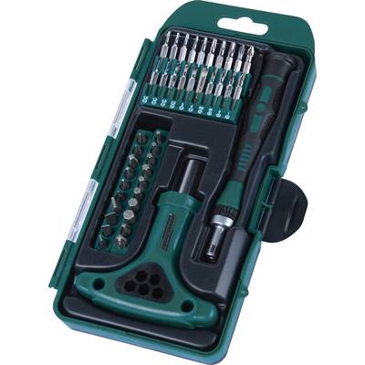 Ensemble de tournevis avec différents embouts et une poignée en T dans un étui en plastique vert. Idéal pour des réparations polyvalentes.
