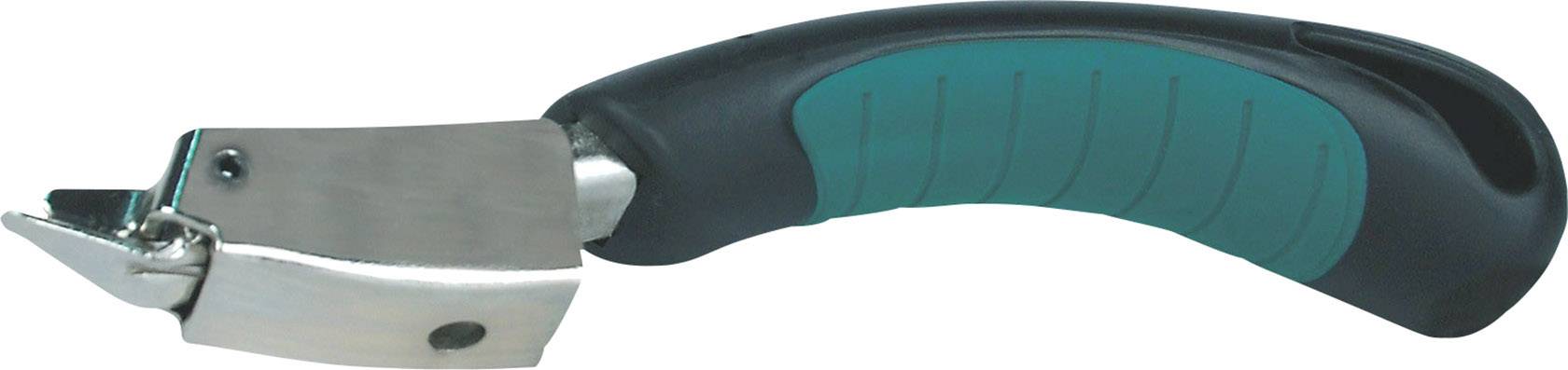 Un outil manuel avec une poignée vert et noir et une surface de coupe métallique, adapté pour couper des matériaux comme les plaques de plâtre.