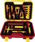 Une valise à outils ouverte contenant des outils manuels isolés, comprenant des tournevis, des pinces et des clés à molette, en rouge et jaune.