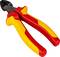 Une pince isolante rouge et jaune avec une tête noire est posée sur un fond blanc.