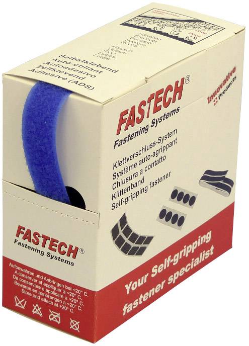 Un emballage avec système de fermeture à scratch de 'FASTECH'. Contient des attaches auto-agrippantes. Slogan : 'Votre spécialiste des attaches auto-agrippantes'.