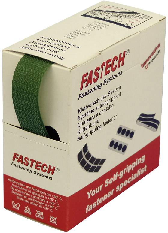 Boîte avec bande auto-agrippante verte de Fastech, identifiée comme 'Système de fermeture auto-agrippante' et 'Votre spécialiste des fermetures auto-agrippantes'.