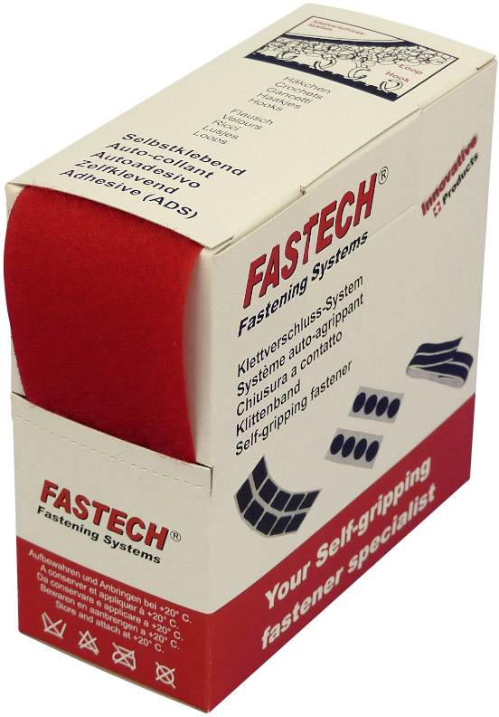 Un emballage de ruban auto-agrippant 'Fastech', autocollant. Design d'emballage en rouge et beige avec du texte en plusieurs langues.