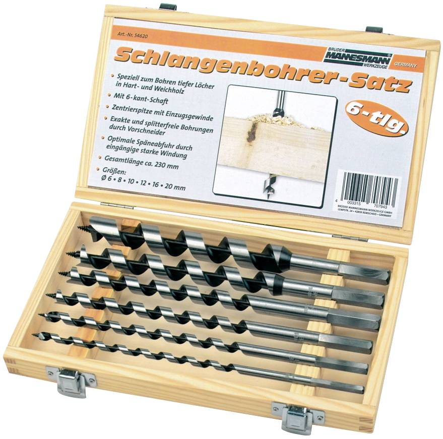 'Jeu de mèches à tarière, 6 pièces, avec foret à bois en coffret en bois. Adapté pour les trous profonds dans les bois durs et tendres. Tailles 10-20 mm.'