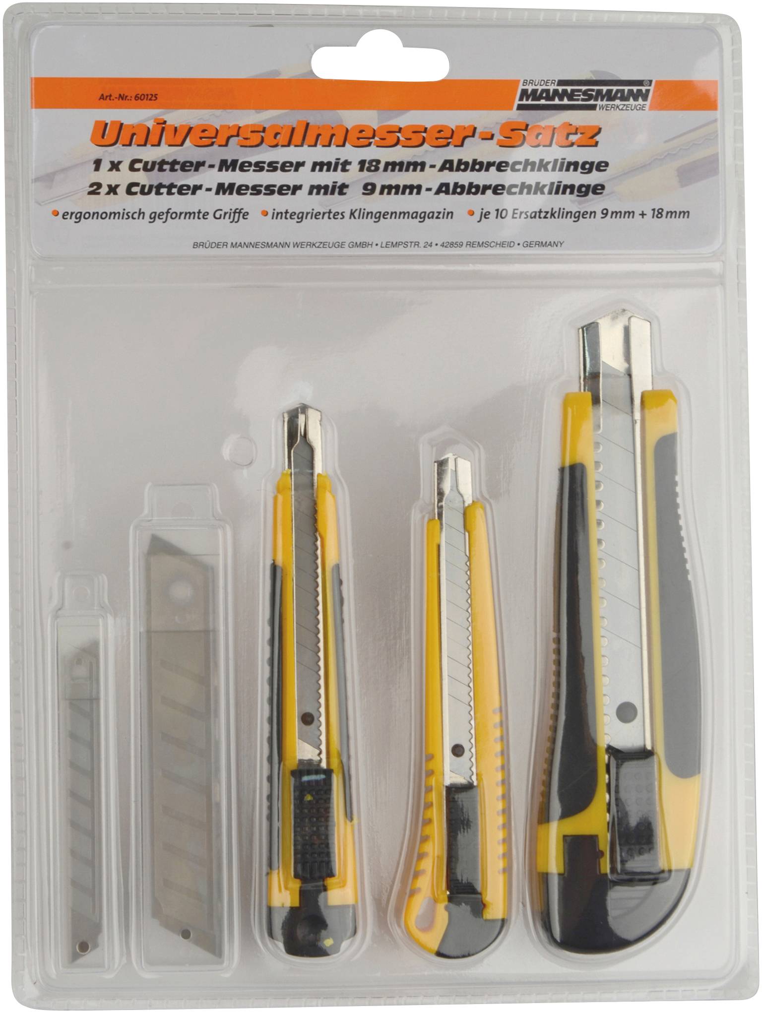 Ensemble de cutters universels Mannesmann, composé d'un cutter de 18 mm et de deux cutters de 9 mm, chacun avec des lames à segments et une poignée ergonomique.