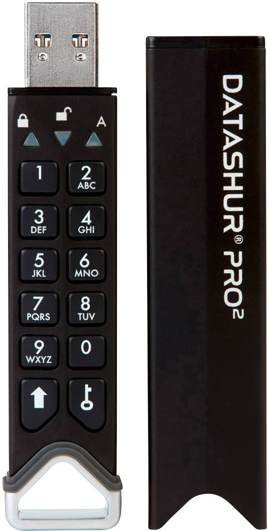 Clé USB à touches numériques physiques pour le cryptage. Couvercle adjacent portant l'inscription 'DATASHUR PRO2'.