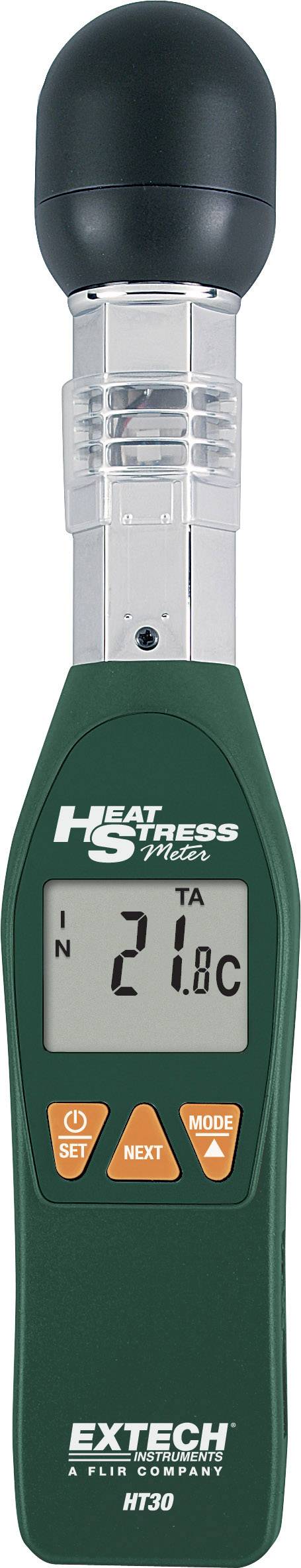 Appareil de mesure manuelle de température avec affichage numérique, indiquant 21,8°C. Vert avec capuchon de protection noir.