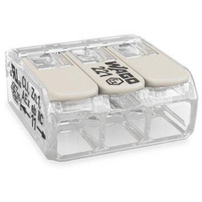 Borne transparente WAGO 221 à trois entrées avec leviers de fixation pour le raccordement de câbles électriques.