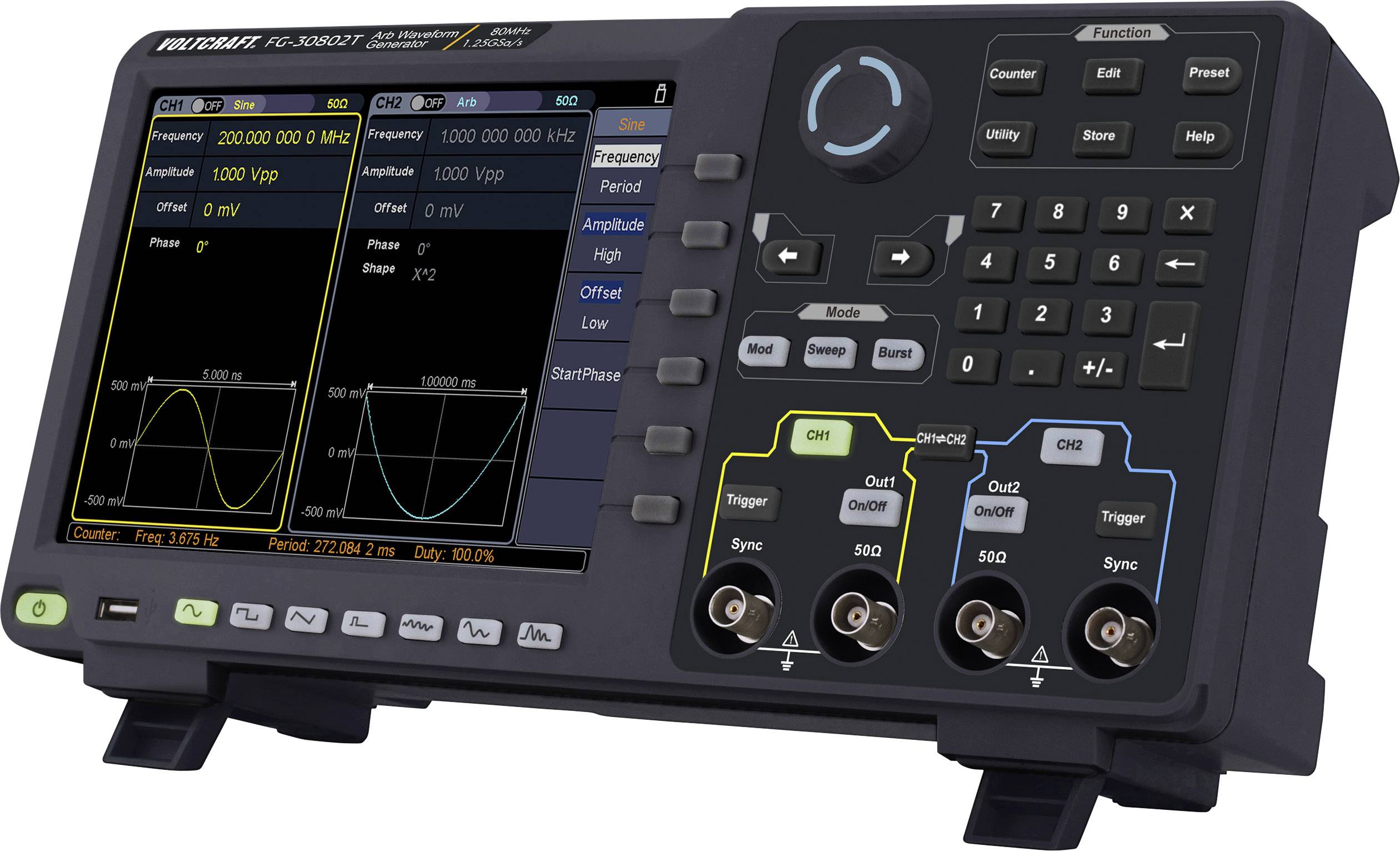 Un oscilloscope numérique à deux écrans affichant des mesures de fréquence et d'amplitude. Boutons de commande et connexions en bas.