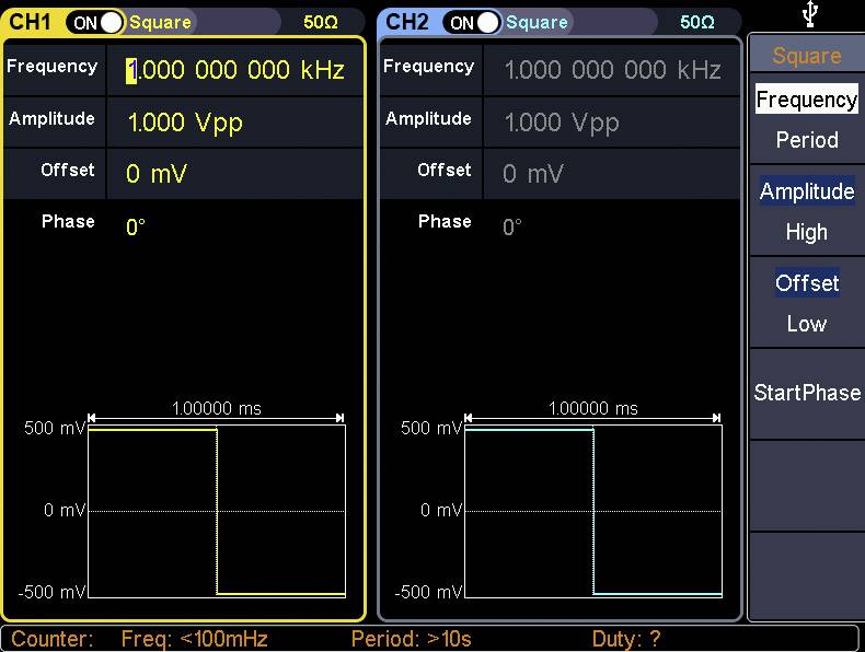 Deux canaux d'un oscilloscope. À gauche : CH1 affiche une fréquence de 1.000.000.000 kHz, amplitude de 1.000 Vpp. À droite : CH2 avec les mêmes valeurs. Des diagrammes sont visibles en dessous.