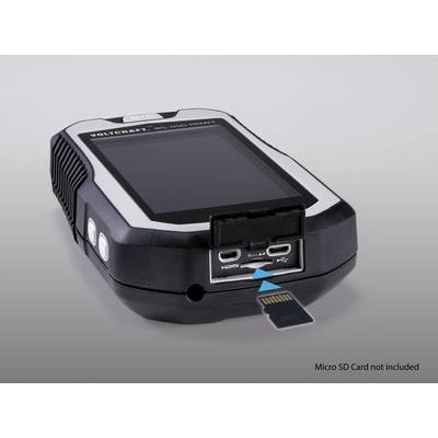 L'image montre un appareil de diagnostic portable avec un écran et des ports HDMI et USB-C, devant lequel une carte Micro-SD est placée. Carte non incluse.