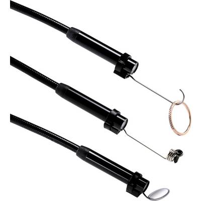 Trois endoscopes flexibles noirs avec différentes extrémités : une surface réfléchissante, une pince de préhension et un crochet, tous fixés sur des tubes fins.
