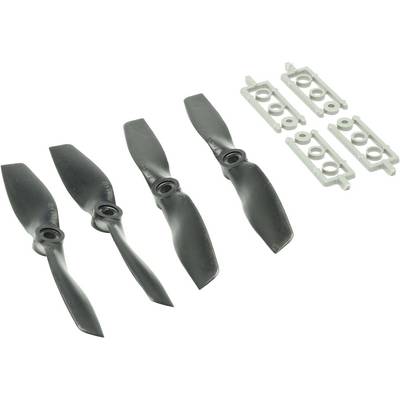 Quatre hélices de drone noires et cinq éléments de fixation gris sont posés sur un fond blanc.