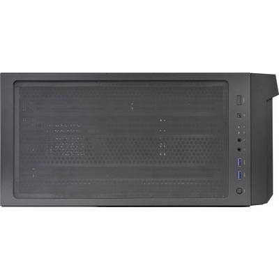 Boîtier d'ordinateur noir avec une grille de ventilation visible sur le dessus, plusieurs ports USB et des prises audio.