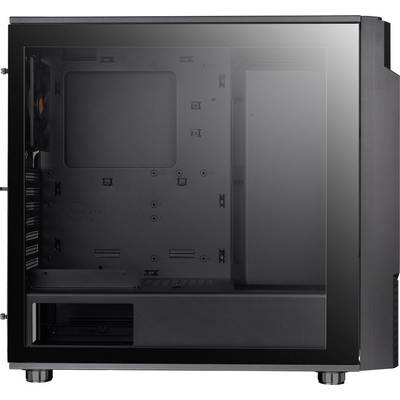Boîtier d'ordinateur noir avec panneau latéral transparent. L'espace intérieur offre de la place pour les composants tels que la carte mère et les disques durs.