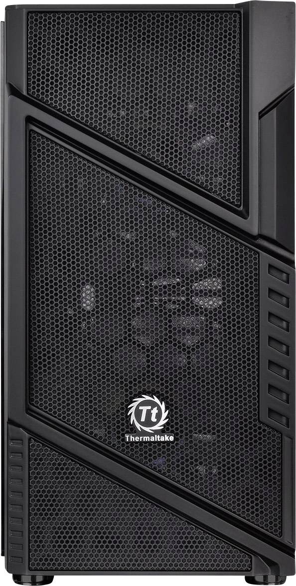 Boîtier PC noir de Thermaltake au design maillé et au style minimaliste, adapté aux ordinateurs de bureau haute performance.