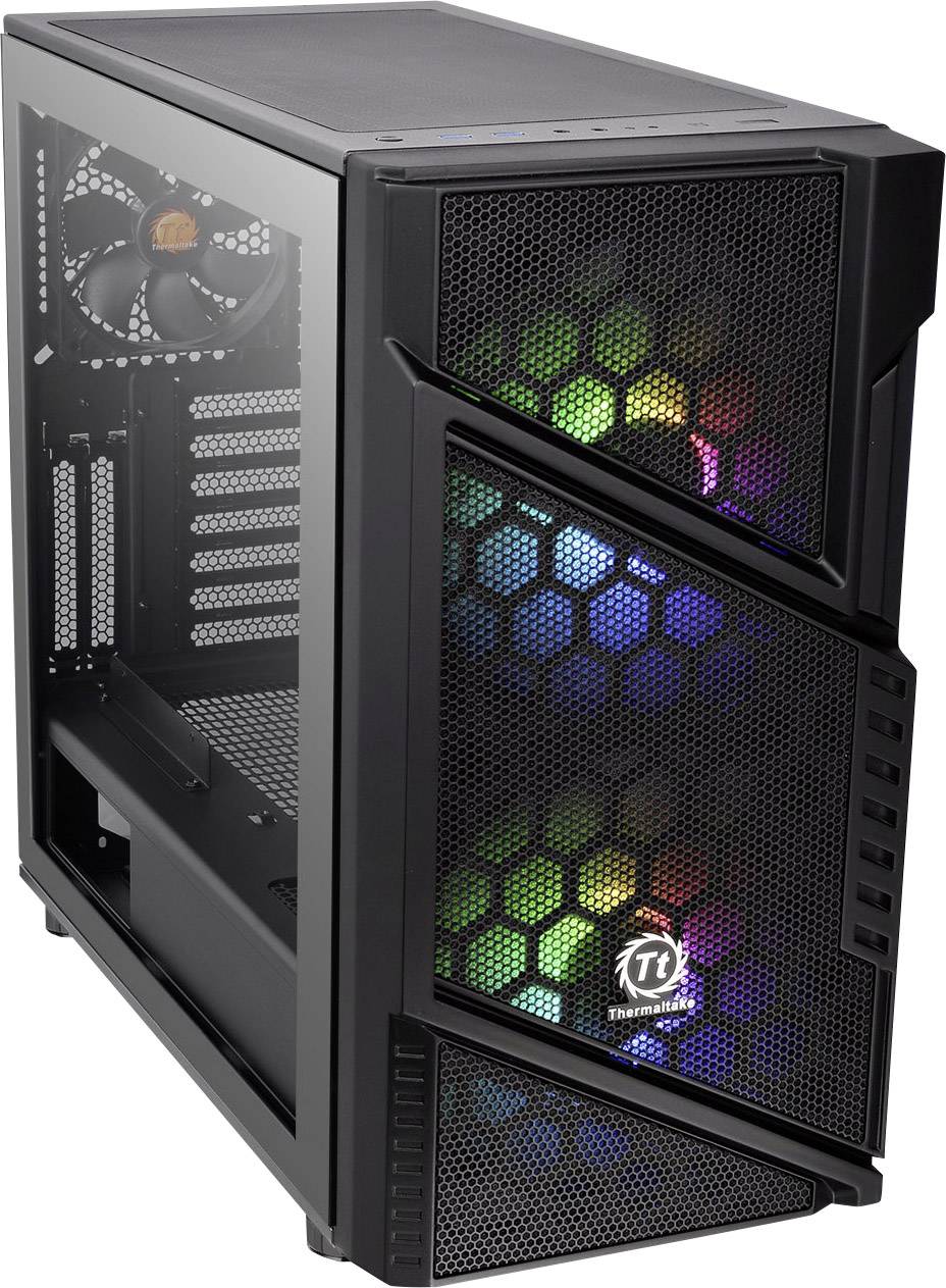 Boîtier d'ordinateur noir avec des côtés en maille transparents et des lumières LED colorées à l'intérieur, illuminant l'espace dans différentes teintes.