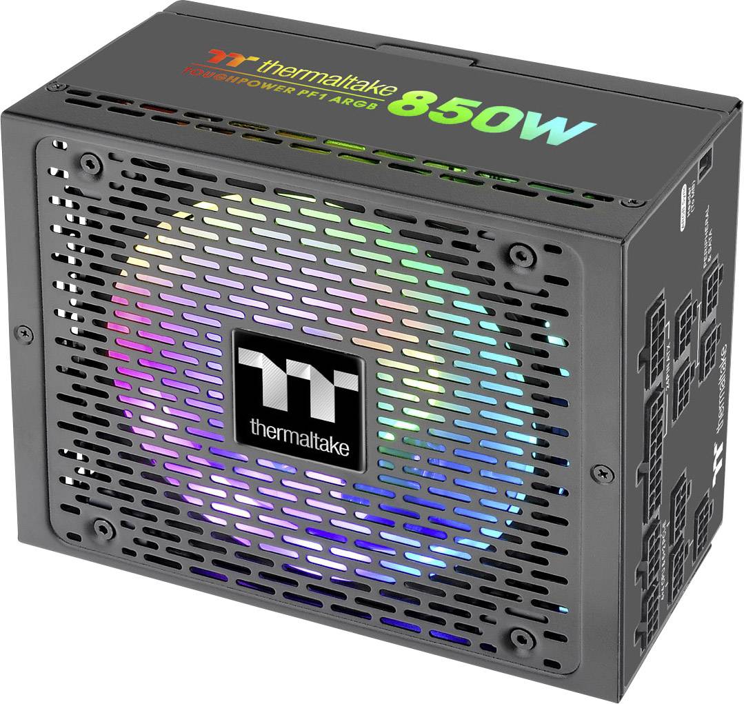 Un bloc d'alimentation Thermaltake noir de 850W avec grille de ventilateur éclairée RGB. Modèle : Toughpower PF1 ARGB.