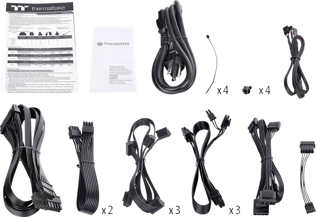 Ensemble de câbles d'alimentation avec différents câbles et connecteurs. Comprend un manuel ainsi que des attaches de câbles et des vis. Marque Thermaltake.