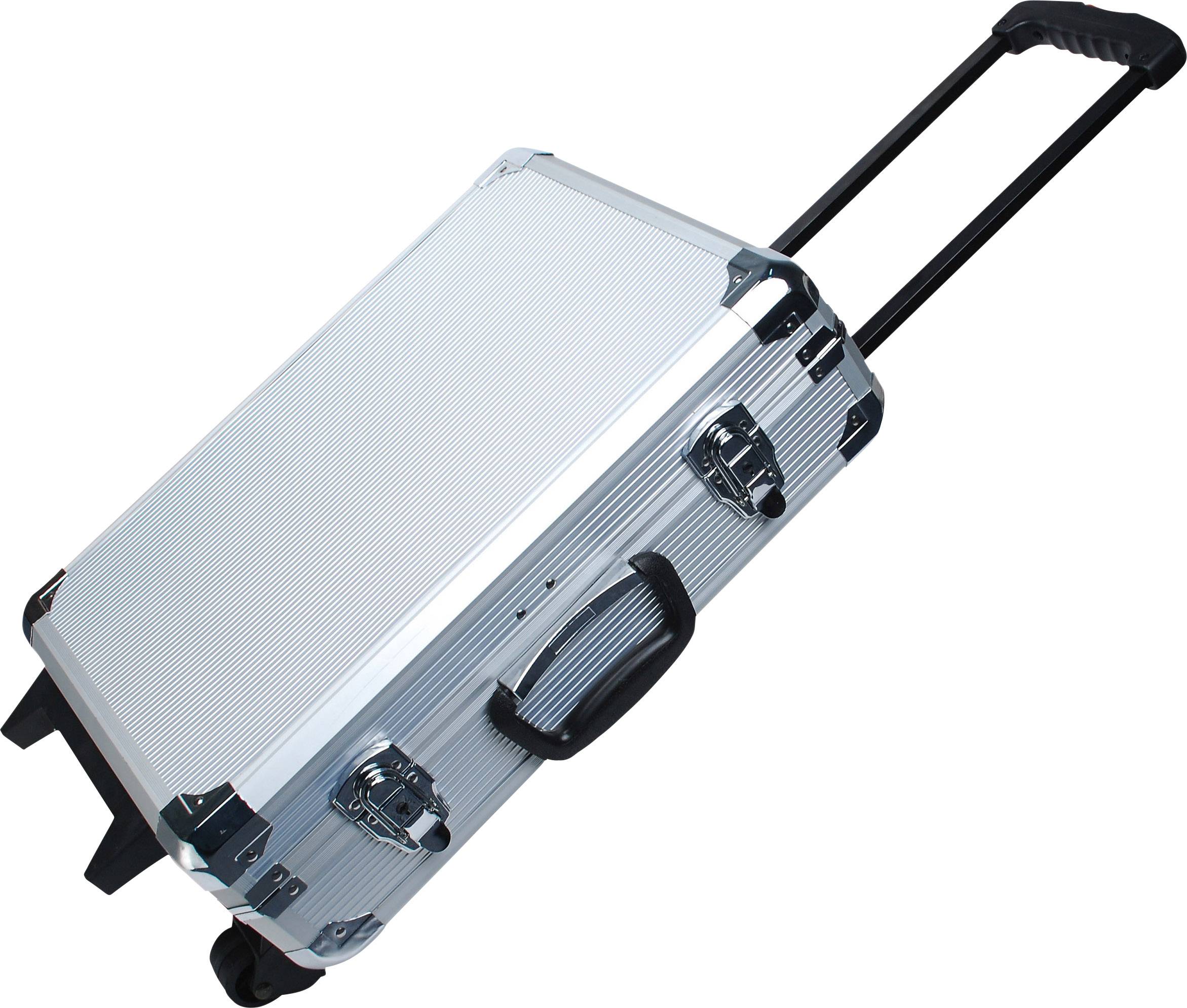 Une valise à roulettes argentée avec une poignée et des roues noires, posée en biais sur le sol.