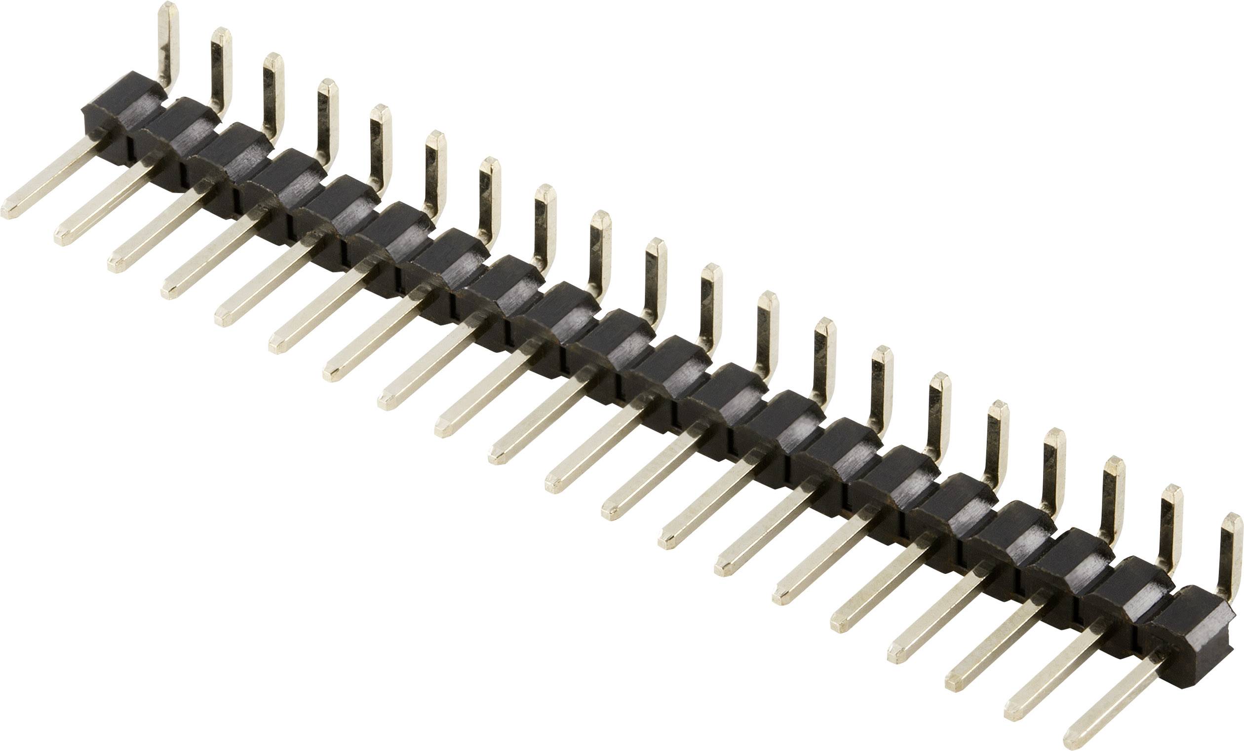 Un connecteur à broches en série avec des boîtiers en plastique noir et des broches métalliques dorées, généralement utilisé pour les connexions électroniques.