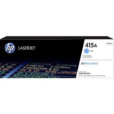 Emballage d'une cartouche de toner cyan HP LaserJet 415A ; compatible avec les imprimantes HP LaserJet modèles M454, MFP M479 ; avec JetIntelligence.
