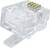 Un connecteur RJ45 transparent avec des contacts dorés, utilisé dans les câblages réseau pour raccorder des câbles Ethernet.