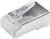 Connecteur RJ45 métallique pour câble Ethernet, adapté aux installations réseau blindées, avec clip de fixation en plastique transparent.