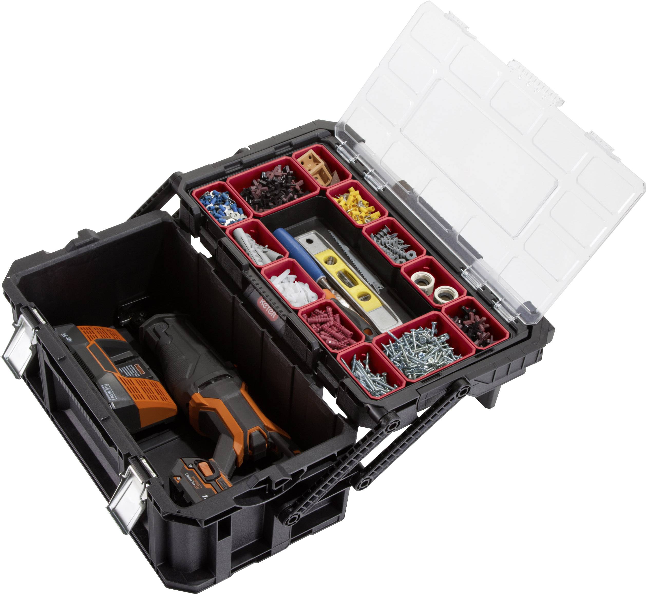 Boîte à outils avec couvercle ouvert montrant une scie électrique et divers vis, chevilles et compartiments pour outils.