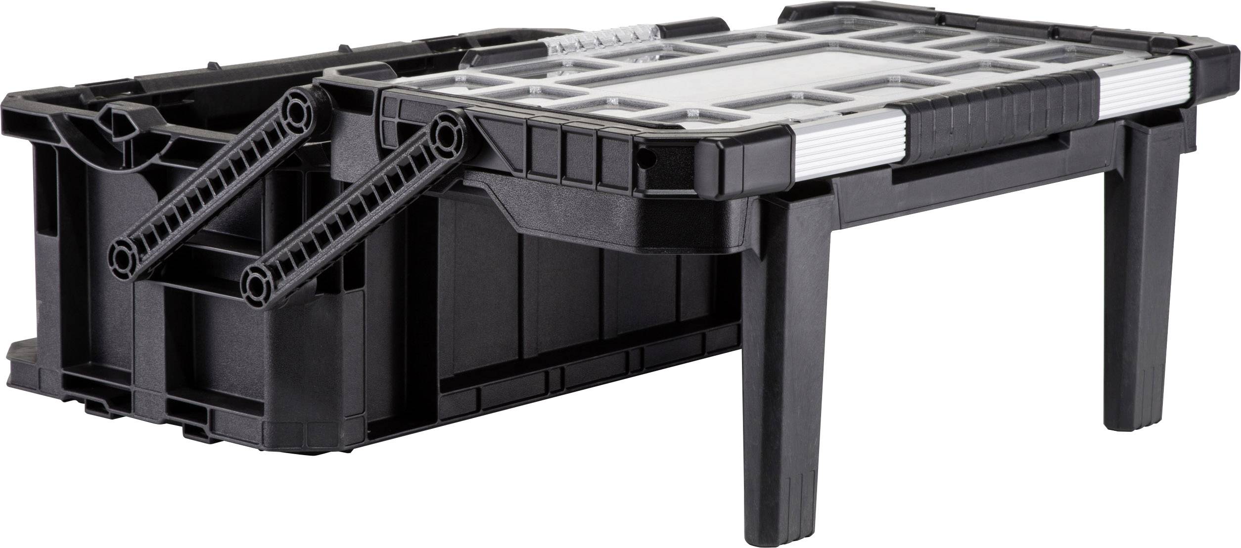 Un étagère en plastique noir et gris avec des pieds pliables et des poignées latérales. Adapté à une utilisation flexible en tant que table ou plateforme.