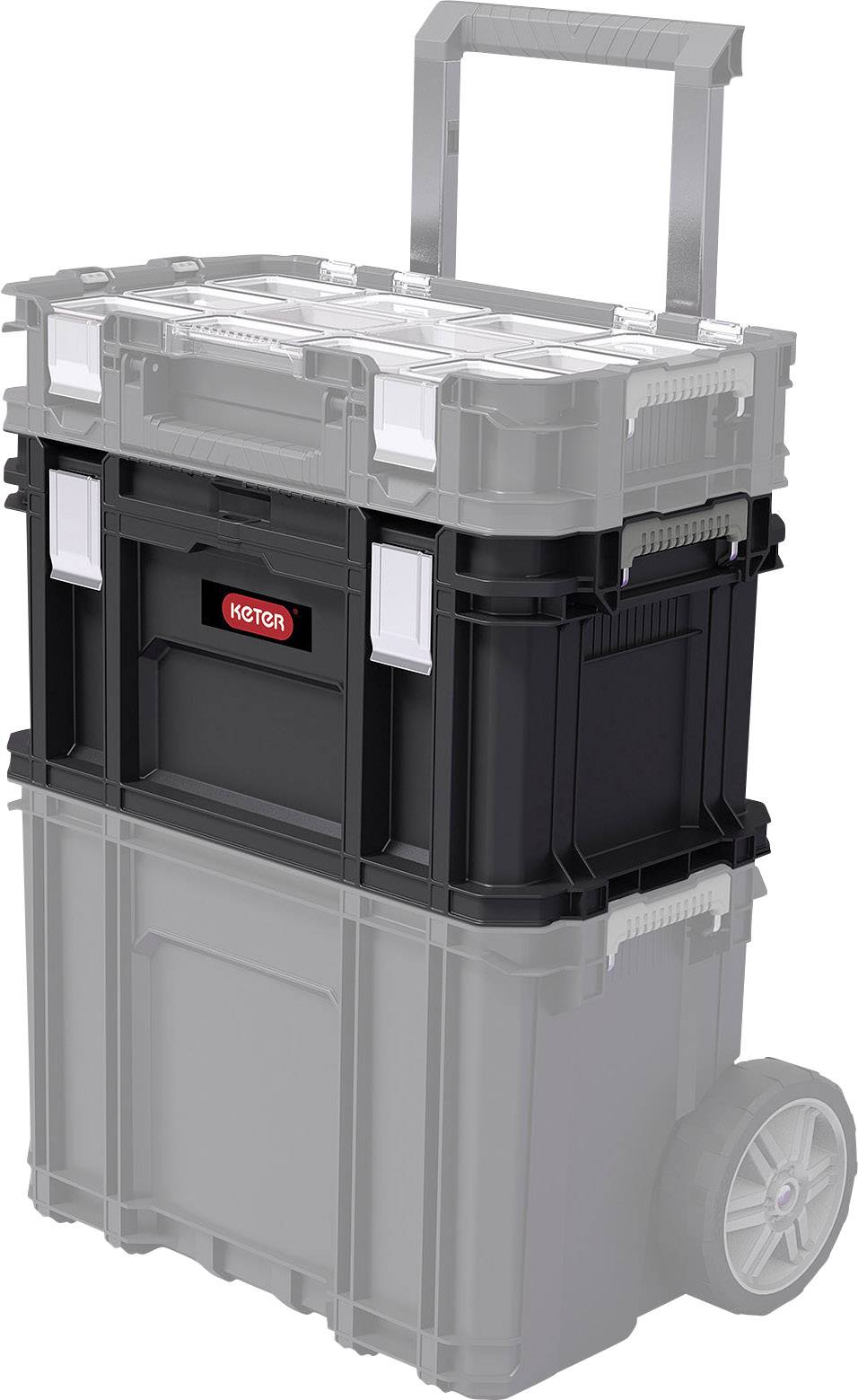 Une valise à outils mobile sur roulettes avec poignée. La partie supérieure est mise en valeur en noir. Adaptée au rangement et au transport des outils.