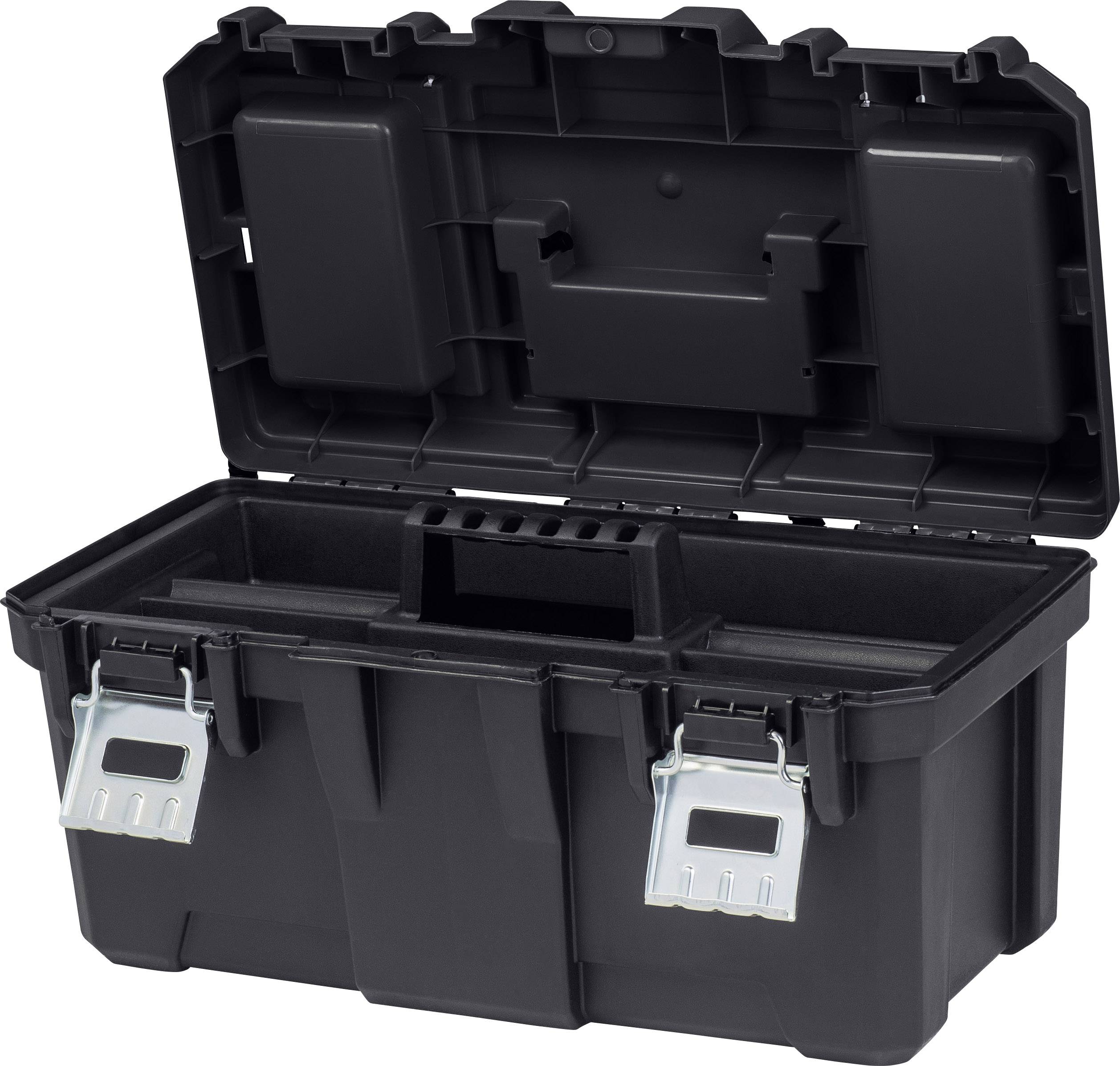 Boîte à outils en plastique noir avec couvercle ouvert et fermoirs métalliques, adaptée au rangement des outils ou des accessoires.