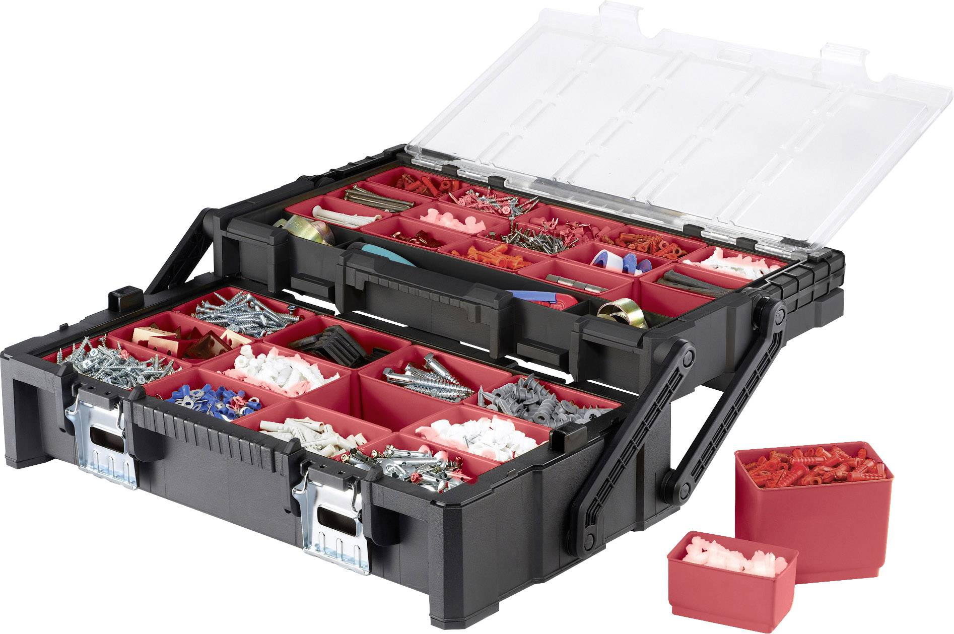 Boîte de rangement avec différentes vis et chevilles dans des compartiments rouges. Le couvercle est ouvert, montrant clairement le contenu.