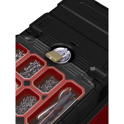 'Boîte à outils avec couvercle transparent, montrant des vis et des clous organisés dans des compartiments, un cadenas sécurisant le contenu.'