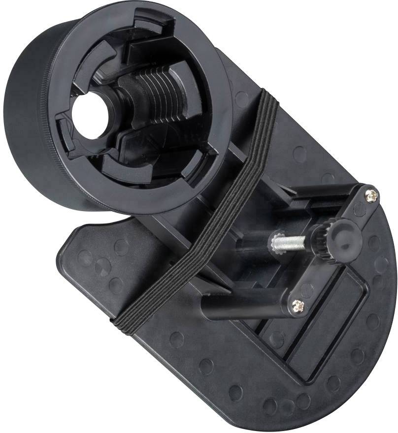 Dispositif en plastique noir avec mécanisme rotatif et bande de caoutchouc, probablement un élément d'un mécanisme ou d'un support mécanique.