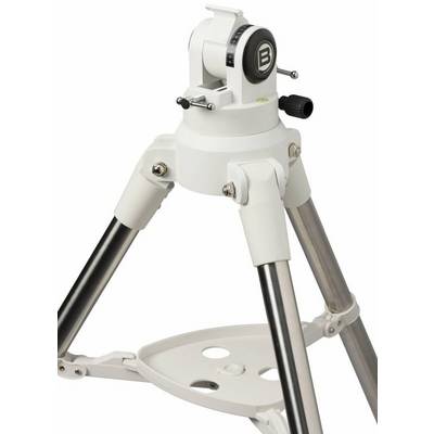 Un trépied blanc à trois pieds avec des supports métalliques et une tête mobile. En haut se trouve une échelle pour le réglage de l'angle.