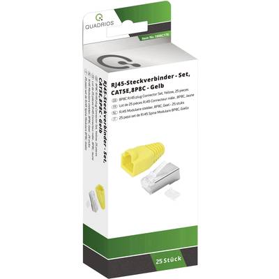 Emballage d'un set de connecteurs RJ45 pour CAT5E et 8P8C, couleur jaune, contenant 25 pièces. Comprend des représentations des connecteurs.