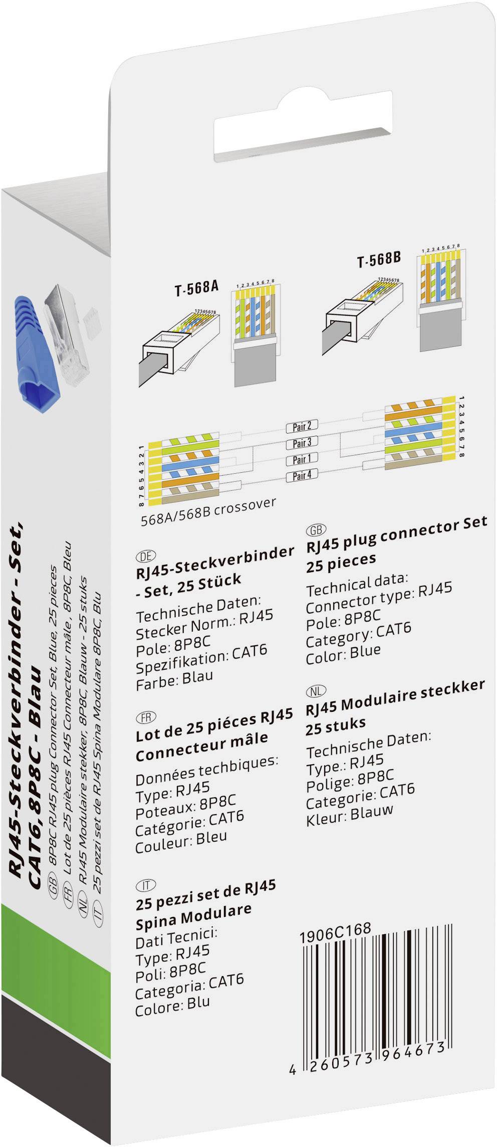 'Ensemble de connecteurs RJ45, CAT6 19C., Bleu'. Contient 25 fiches RJ45. Convient pour câbles CAT6. Instructions pour l'arrangement des câbles T-568A/B.