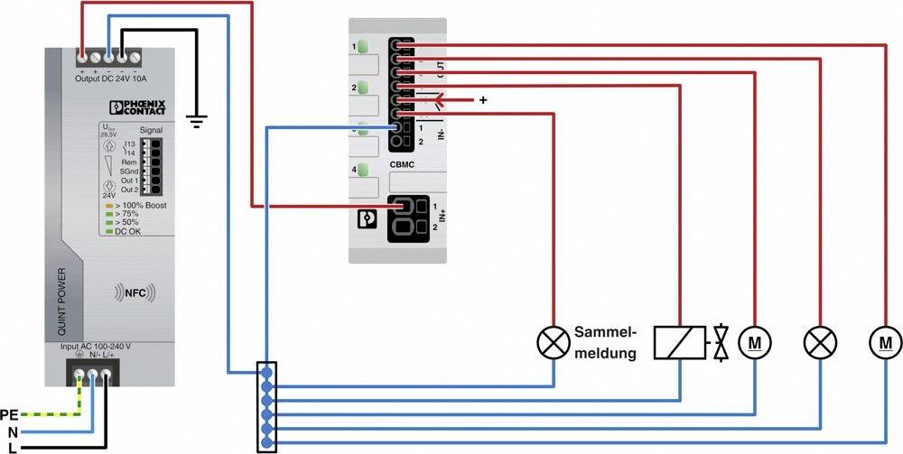 Schéma de câblage d'un système électrique : Connexions entre un disjoncteur et les sorties pour le collecteur de signaux et les moteurs.