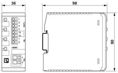 Dessin d'un module électronique avec dimensions : largeur 36 mm, hauteur 90 mm, profondeur 98 mm. Connecteurs et étiquettes visibles.