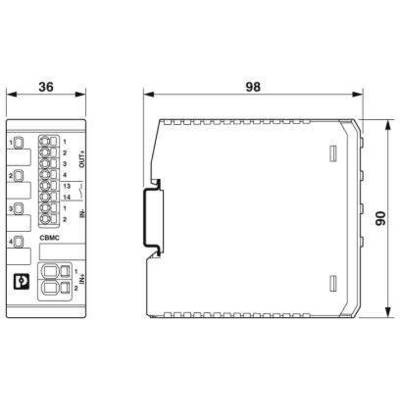 Dessin d'un module électronique avec dimensions : largeur 36 mm, hauteur 90 mm, profondeur 98 mm. Connecteurs et étiquettes visibles.