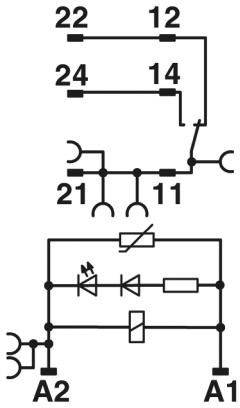 Schéma de câblage montre un relais avec bornes de bobine A1 et A2, ainsi que contacts de commutation 11-14, 21-24, et 12-22.