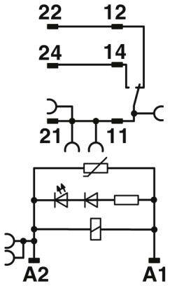 Schéma d'un plan de câblage de relais avec les bornes 21, 22, 24, 11, 12, 14 et un circuit électrique entre A1 et A2.
