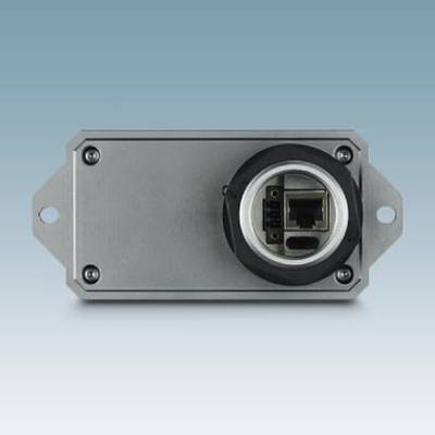 Boîtier métallique avec connexions, incluant un port Ethernet, monté sur une surface de fond bleue.