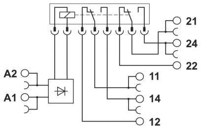Schéma de câblage d'un module relais avec un bobinage et quatre contacts de commutation. Entrées A1, A2 ; Sorties 11, 12, 14, 21, 22, 24.