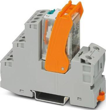 Un module relais gris avec un levier orange, monté sur un rail DIN, pour la commande électrique dans les tableaux de distribution.